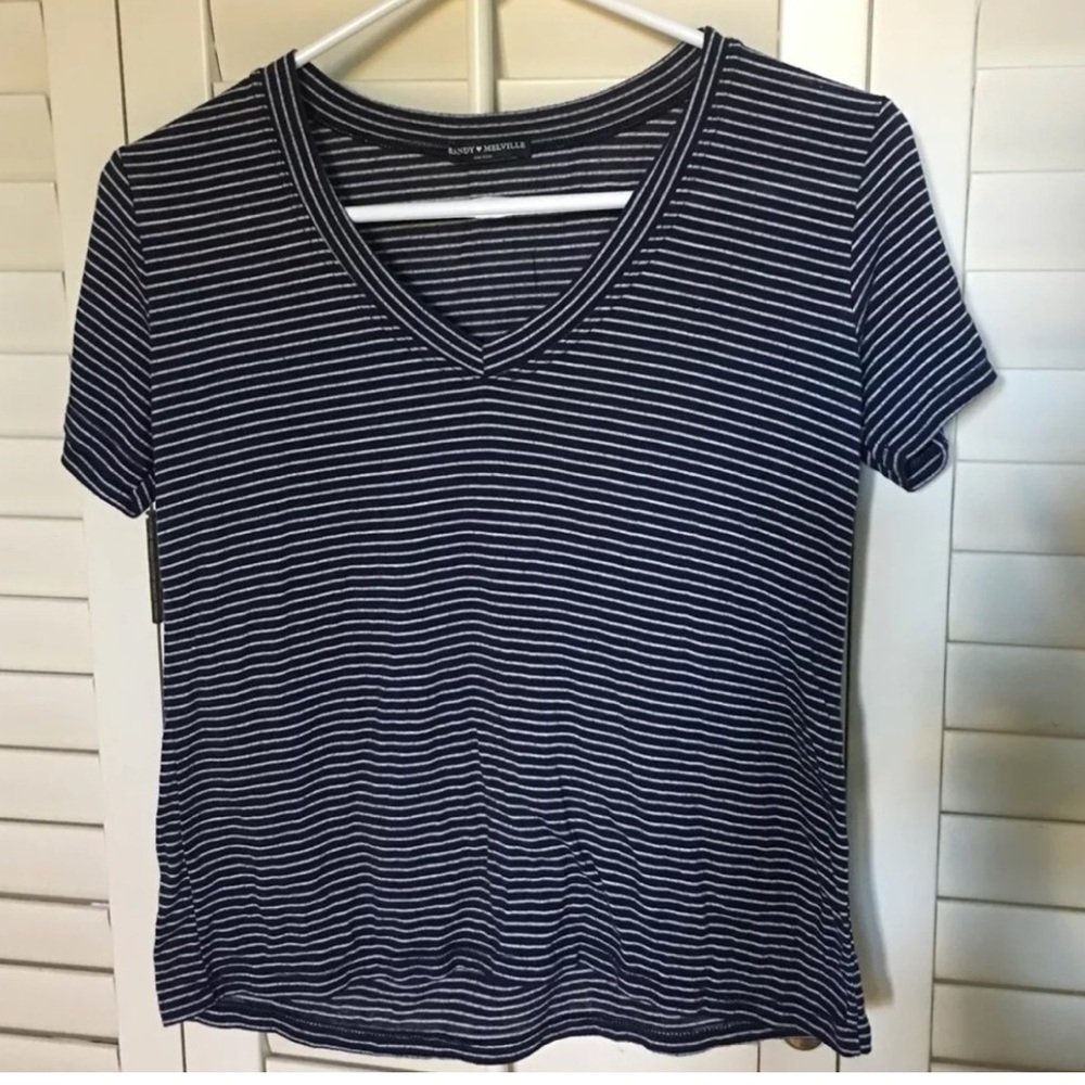 Brandy Melville navy and white striped v neck top